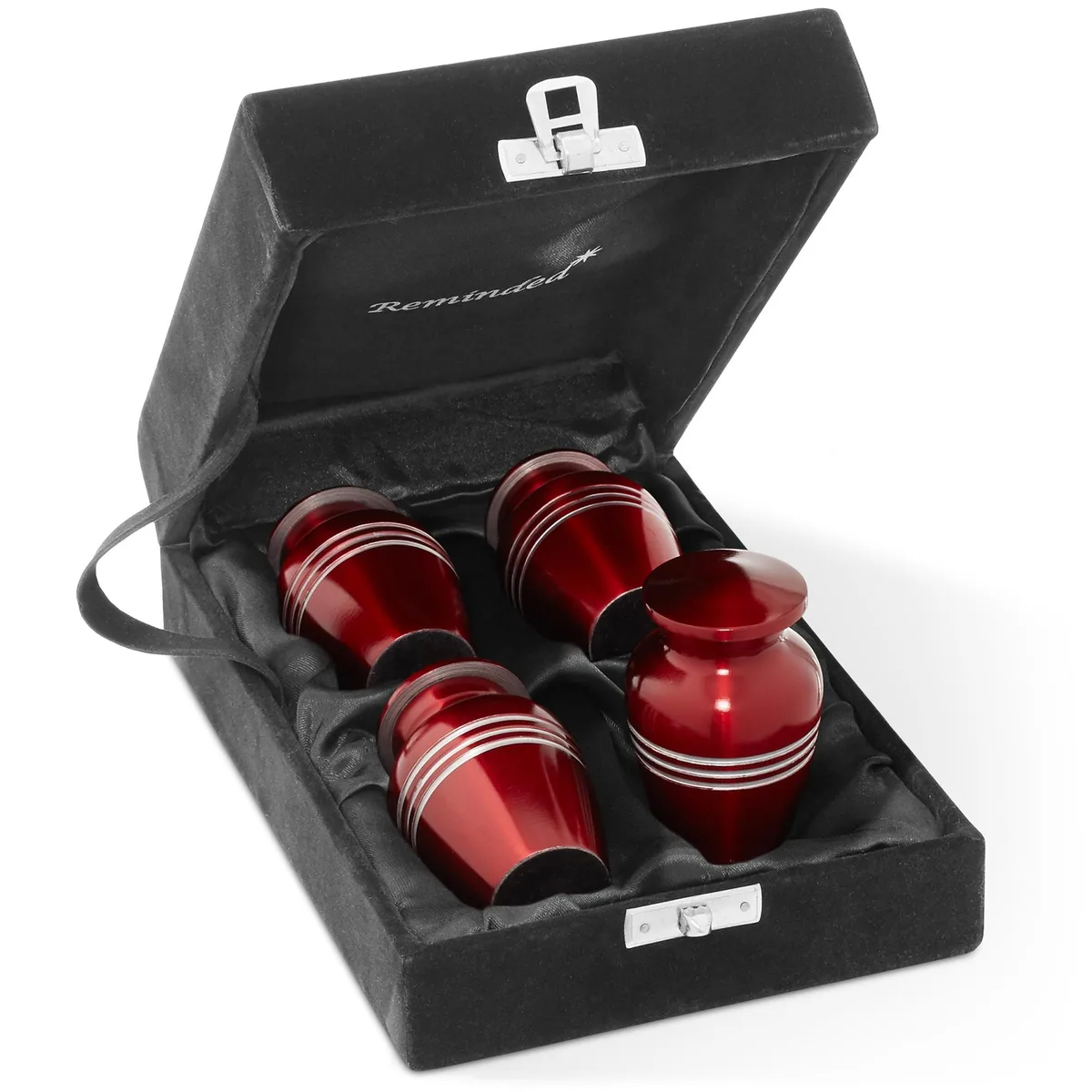 Reminded Reminded Set of 4 Red &amp; Silver Striped Miniature Urns with Velvet Case &amp; Bags — product photo