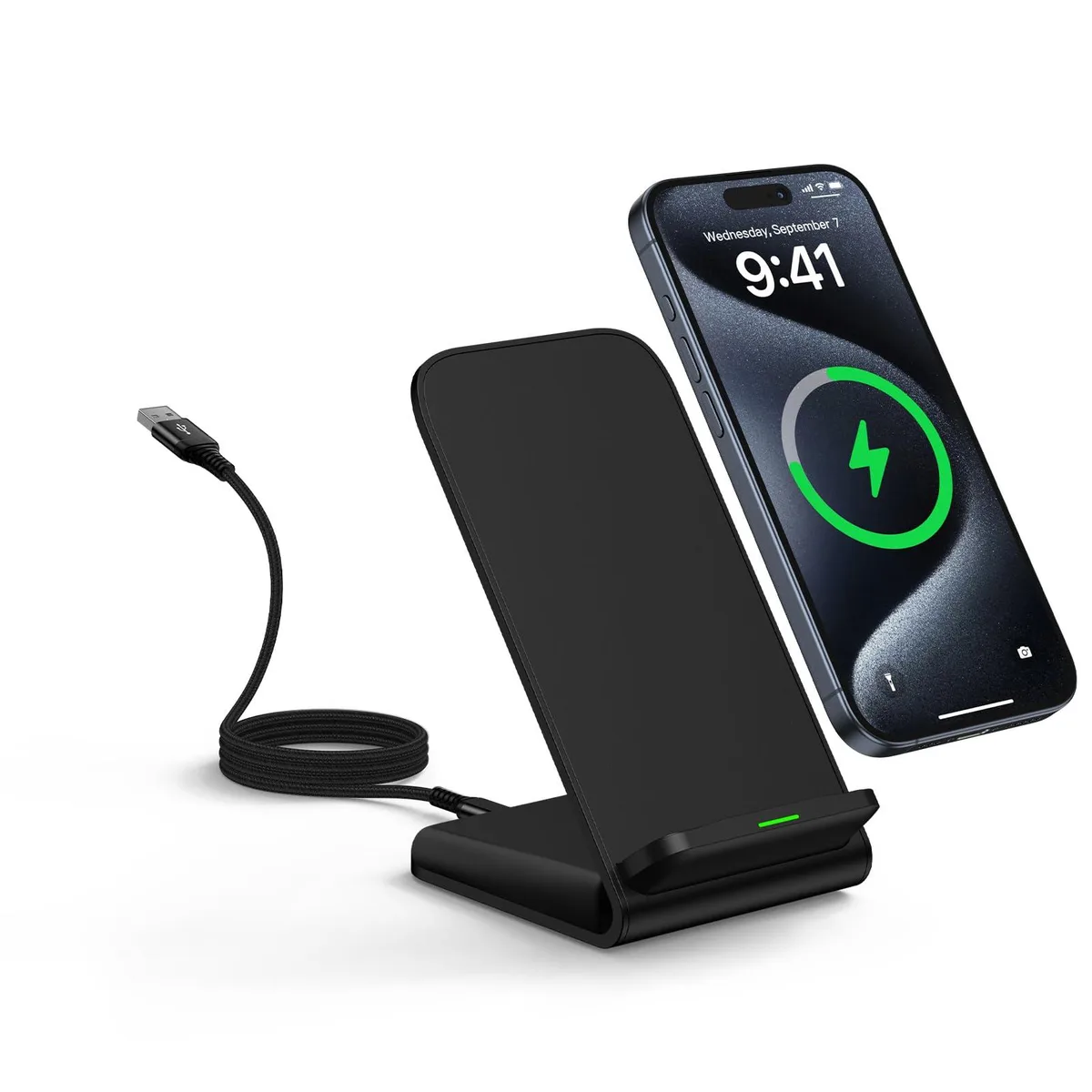 White wireless charging stand with USB-C cable