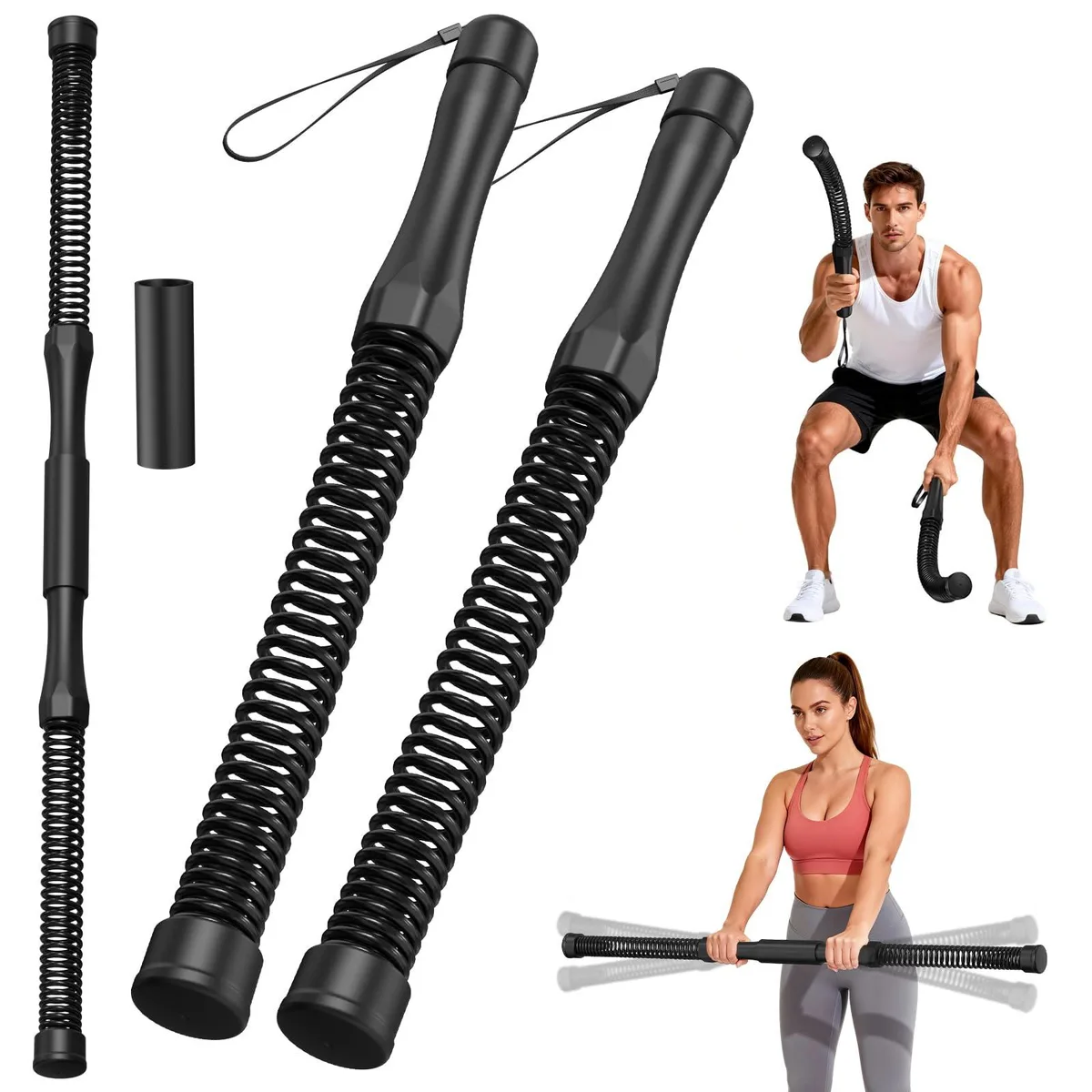 Pair of black cordless battle ropes with reinforced springs, TPR handles, protective caps and wrist straps