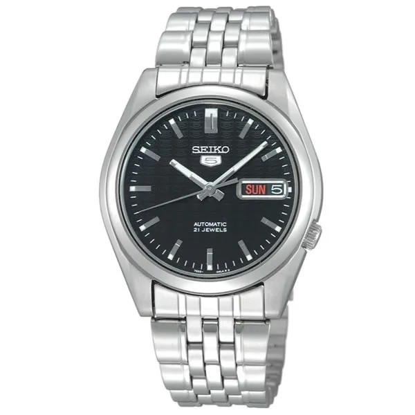 Black round stainless steel automatic watch with bar markers and fold-over clasp