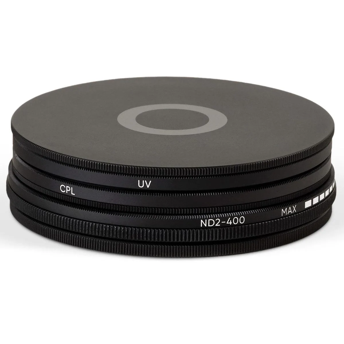 Three 77mm camera filters in UV CPL and VND2-400 with slim magnalium frames