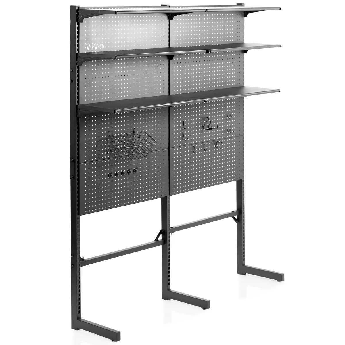 Black freestanding steel pegboard system with three tier shelves and accessories