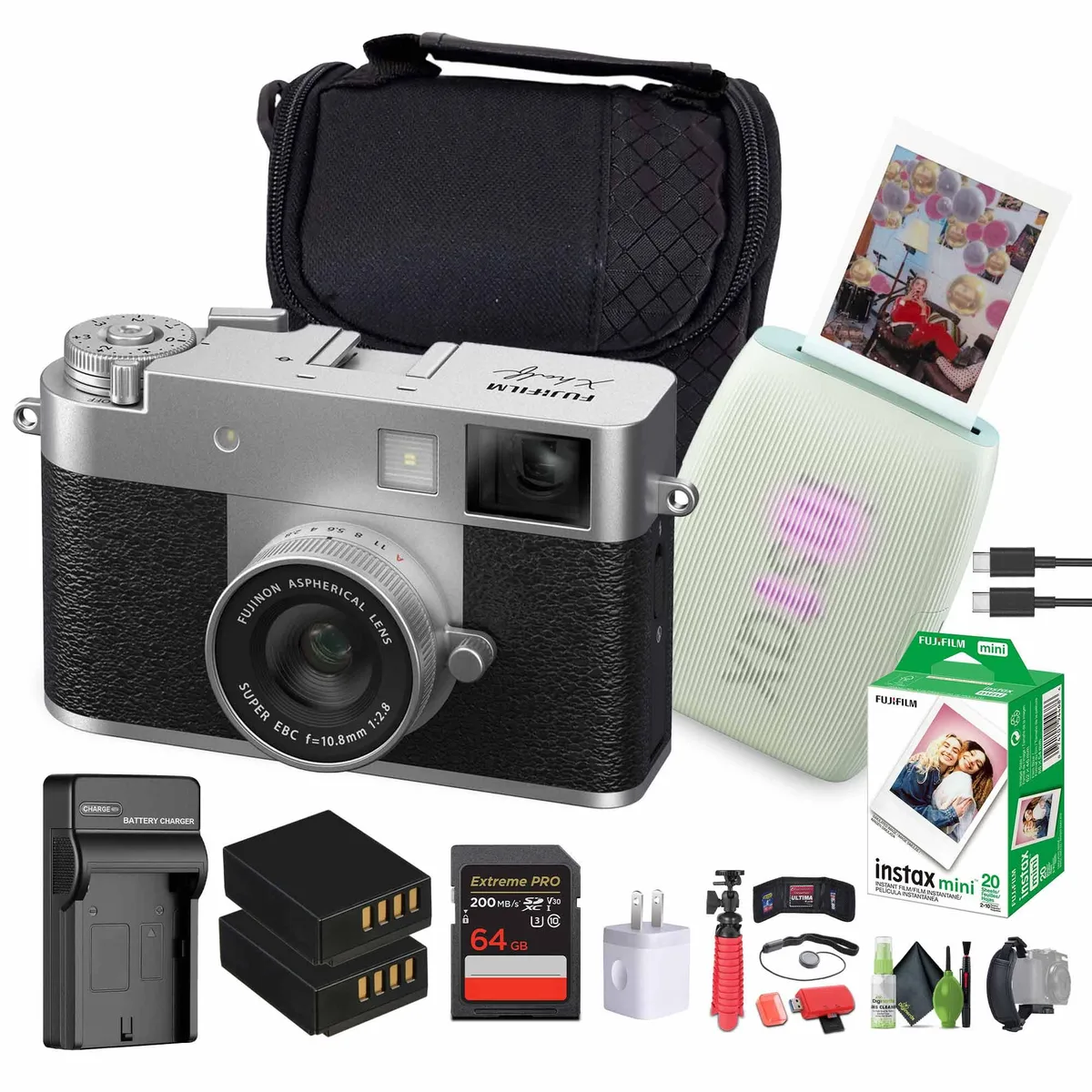 FUJIFILM FUJIFILM X half Camera Kit (Silver) with INSTAX MINI LINK 3 Printer (Sage Green) — product photo