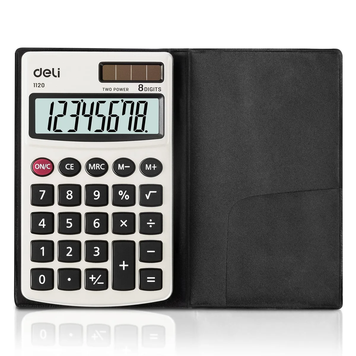  Deli Mini Calculator 8-digit LCD Solar Battery Dual Power Metal Panel PP Cover — product photo