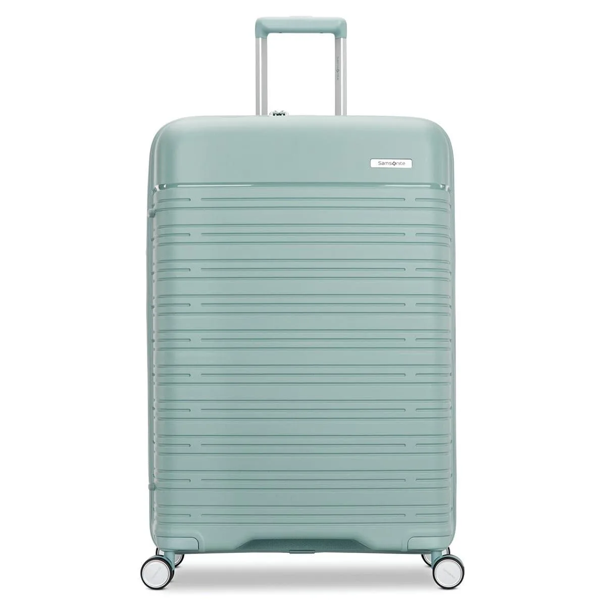 Large Cypress Green spinner suitcase with polypropylene shell and four wheels