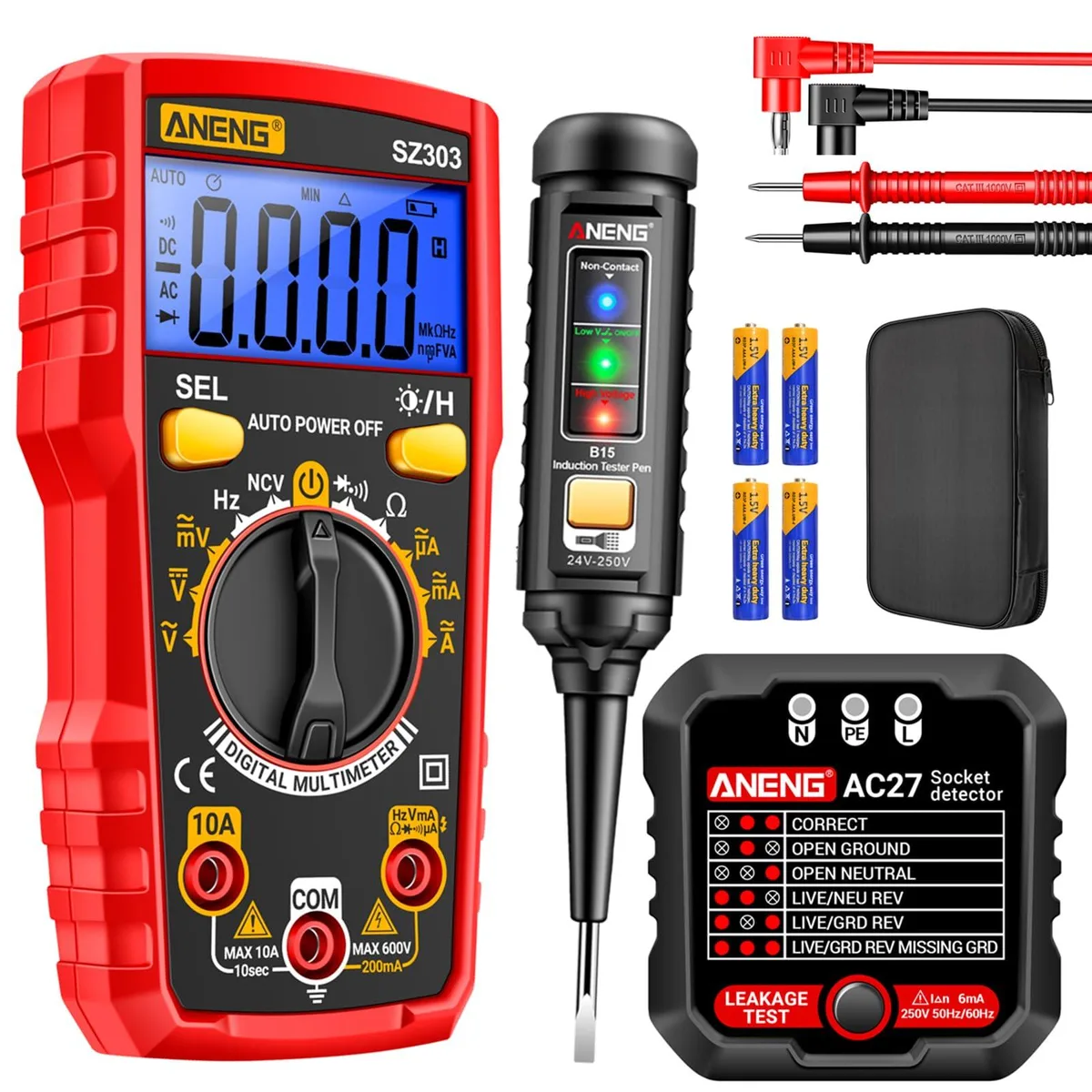 Electrical test kit with multimeter, voltage pen, outlet tester in storage bag