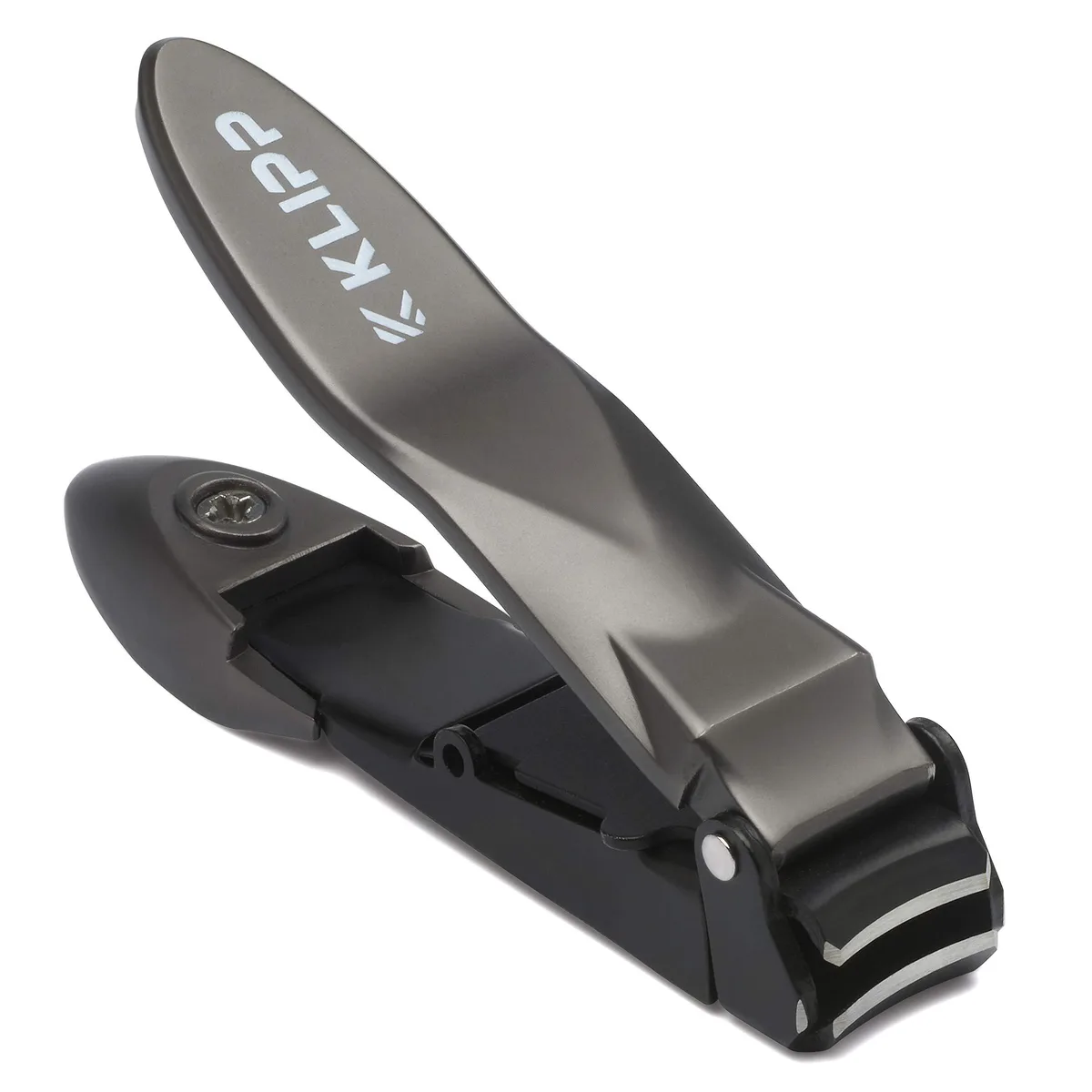 Blue nail clippers with integrated catcher tray, matte aluminium finish, ergonomic lever design