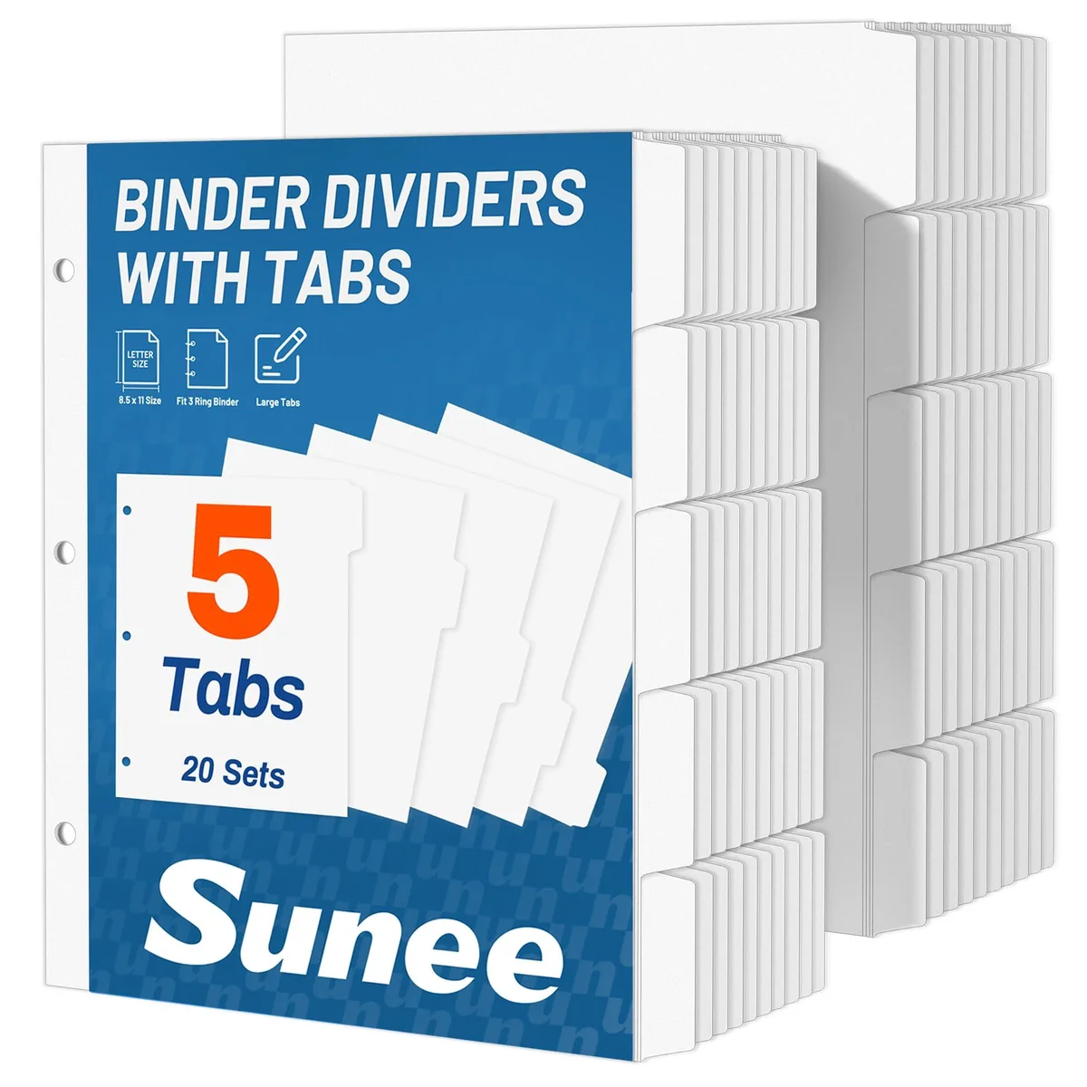 White paper binder dividers with five tabs, twenty sets of five in a stack