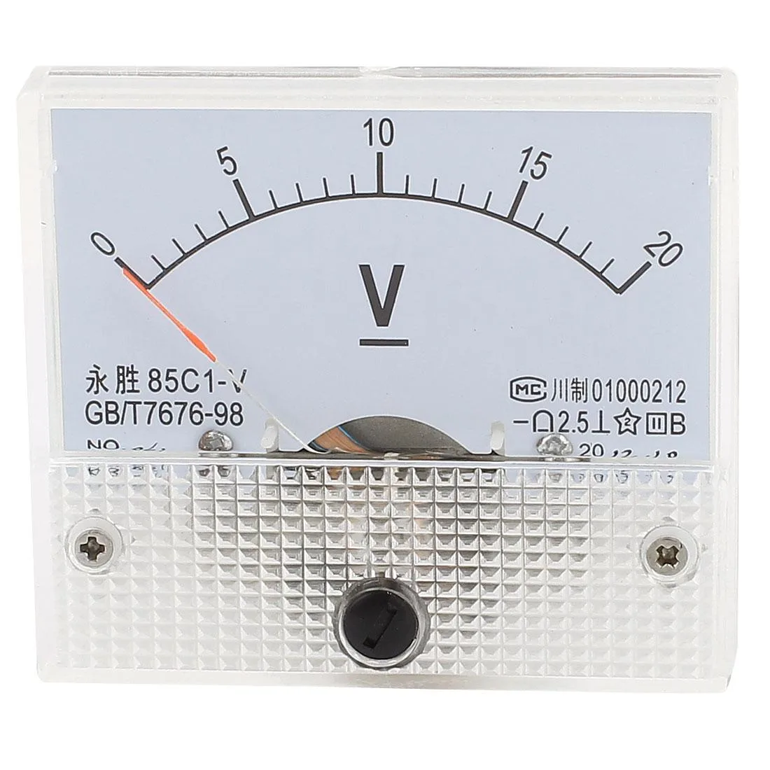 White rectangular analog panel voltmeter with black scale 0-20V