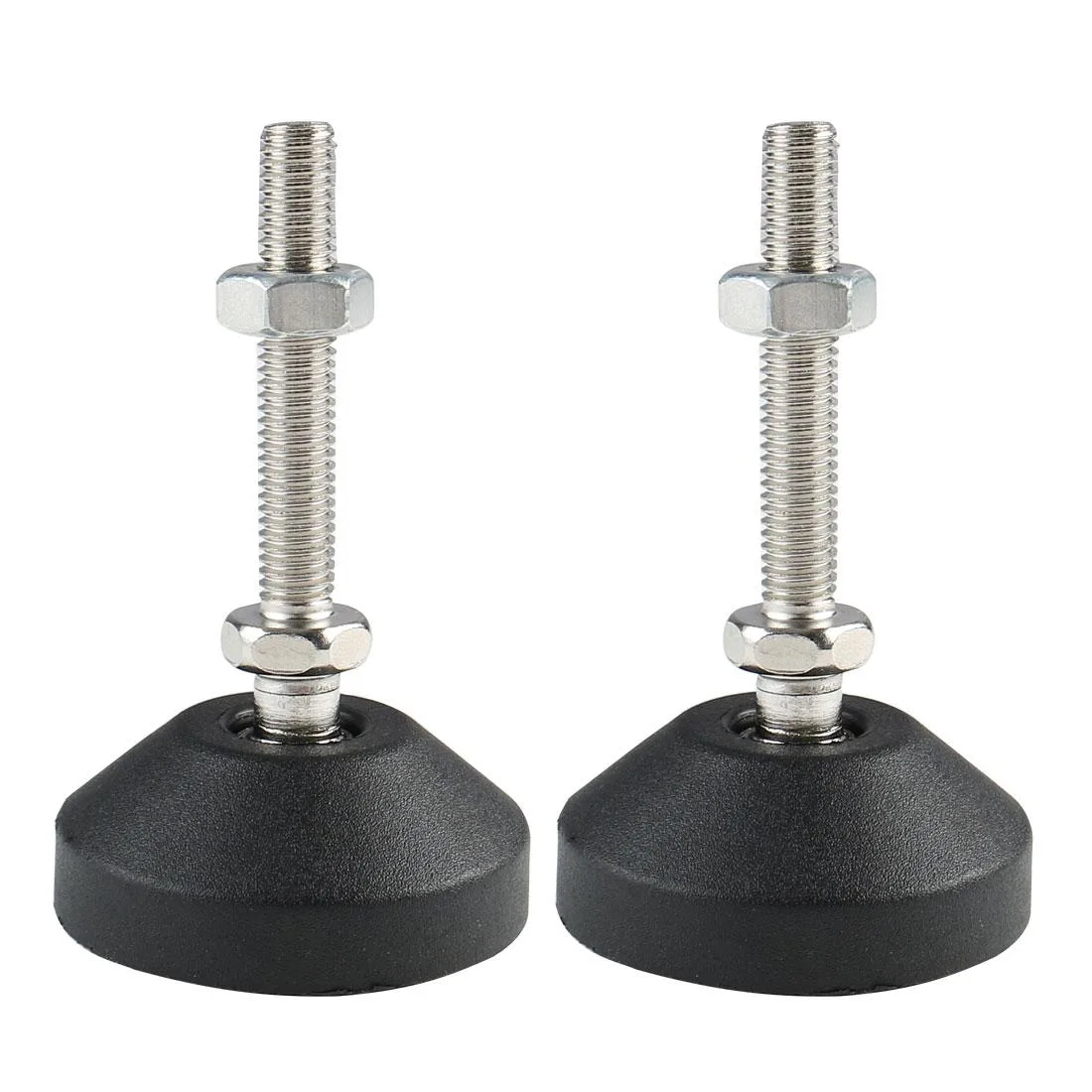 Two M8 adjustable leveling feet, 50 mm threaded stems, black plastic bases with metal nuts