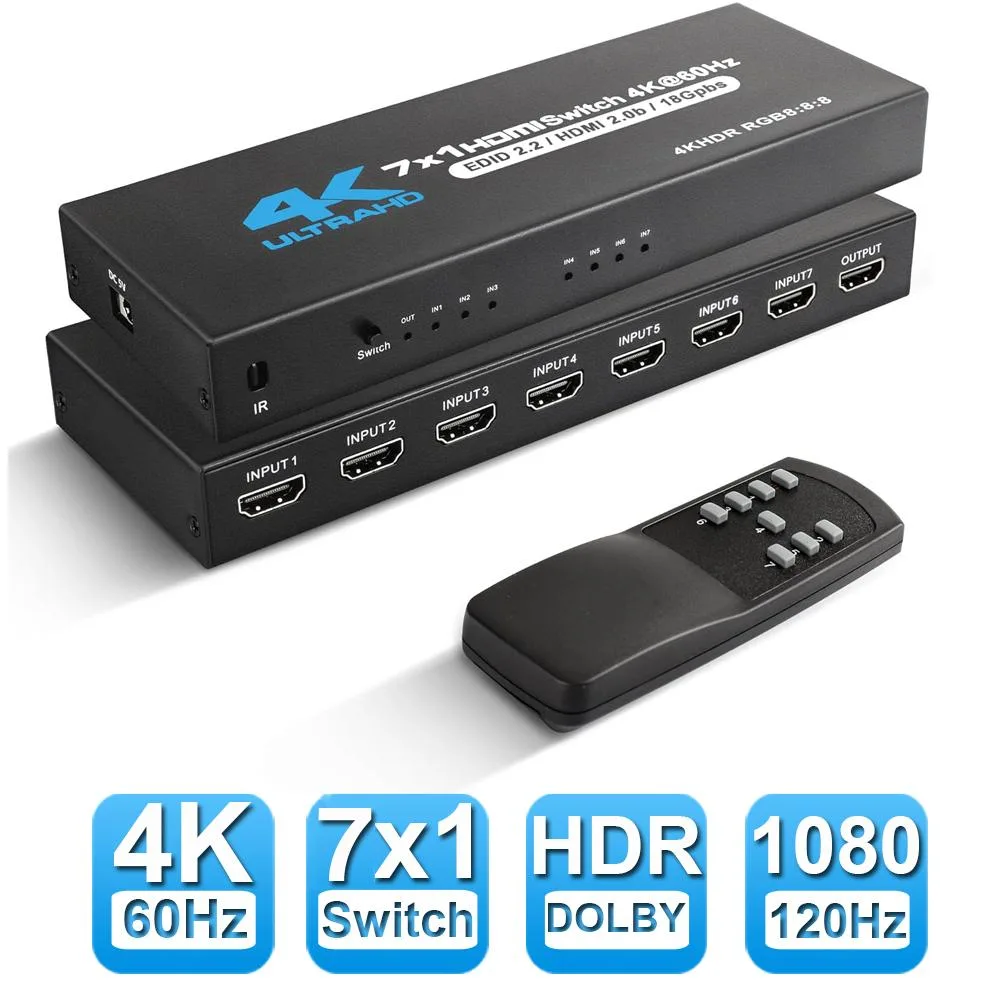 LUOM LUOM 7×1 HDMI Switch 4K@60Hz 18Gbps Remote Black — product photo