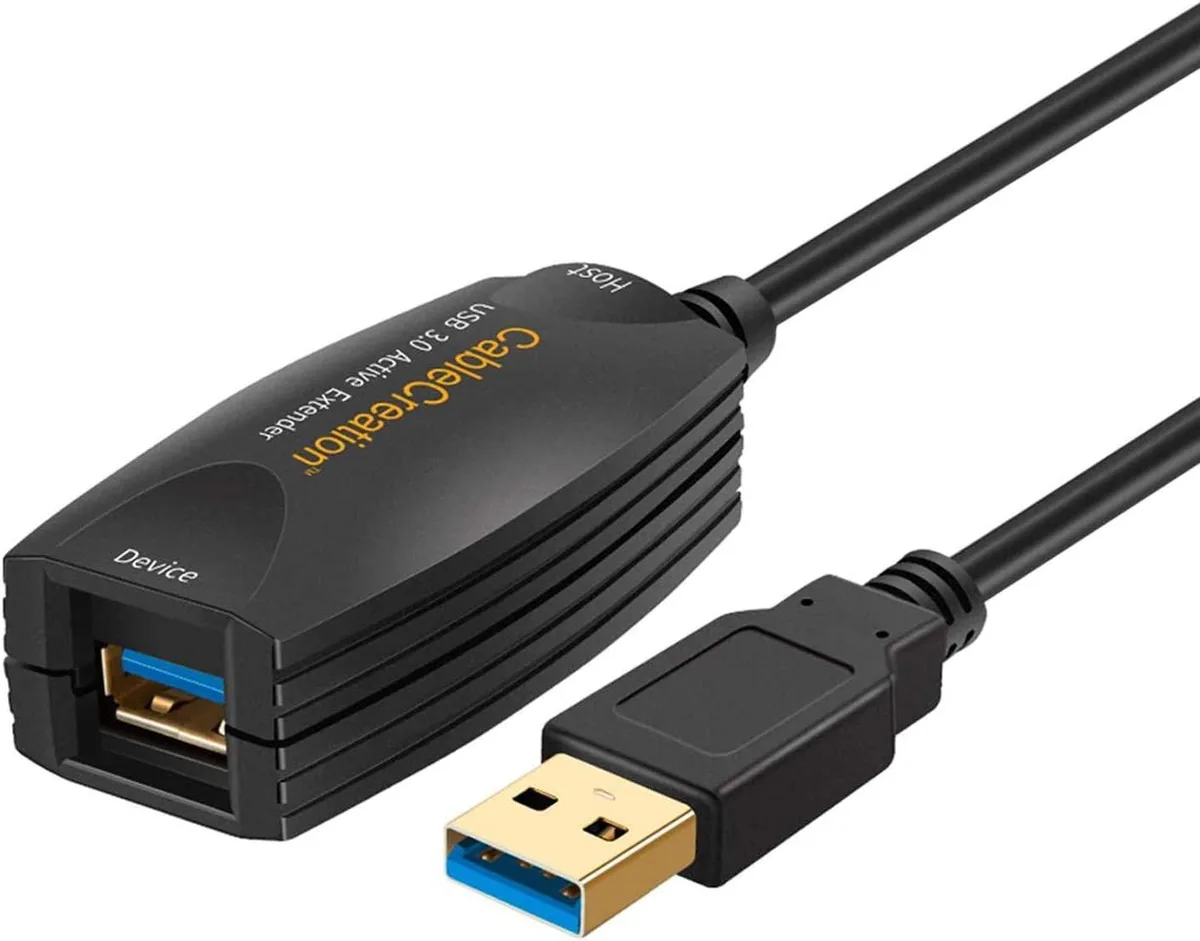 A black USB 3.0 active extension cable 16.4 FT with male and female Type-A connectors and an inline signal booster module