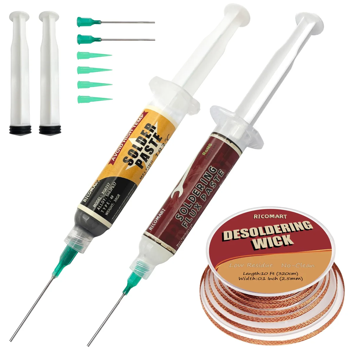  RICOMART Sn63/Pb37 Solder Paste 30G &amp; Desoldering Wick Kit — product photo