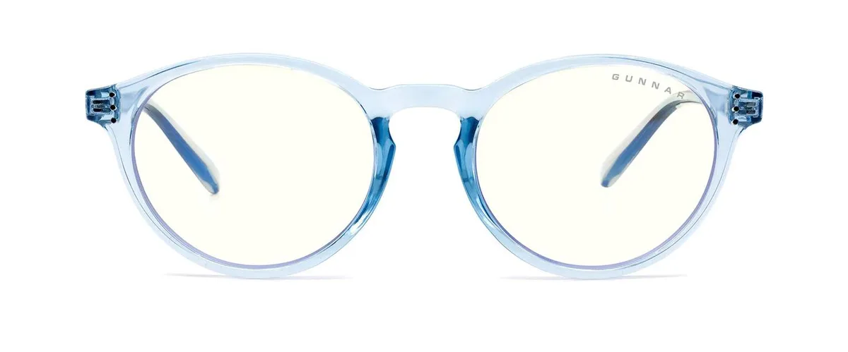 Blue Crystal round computer glasses, lightweight nylon frame, clear lenses, microfiber pouch and cloth included