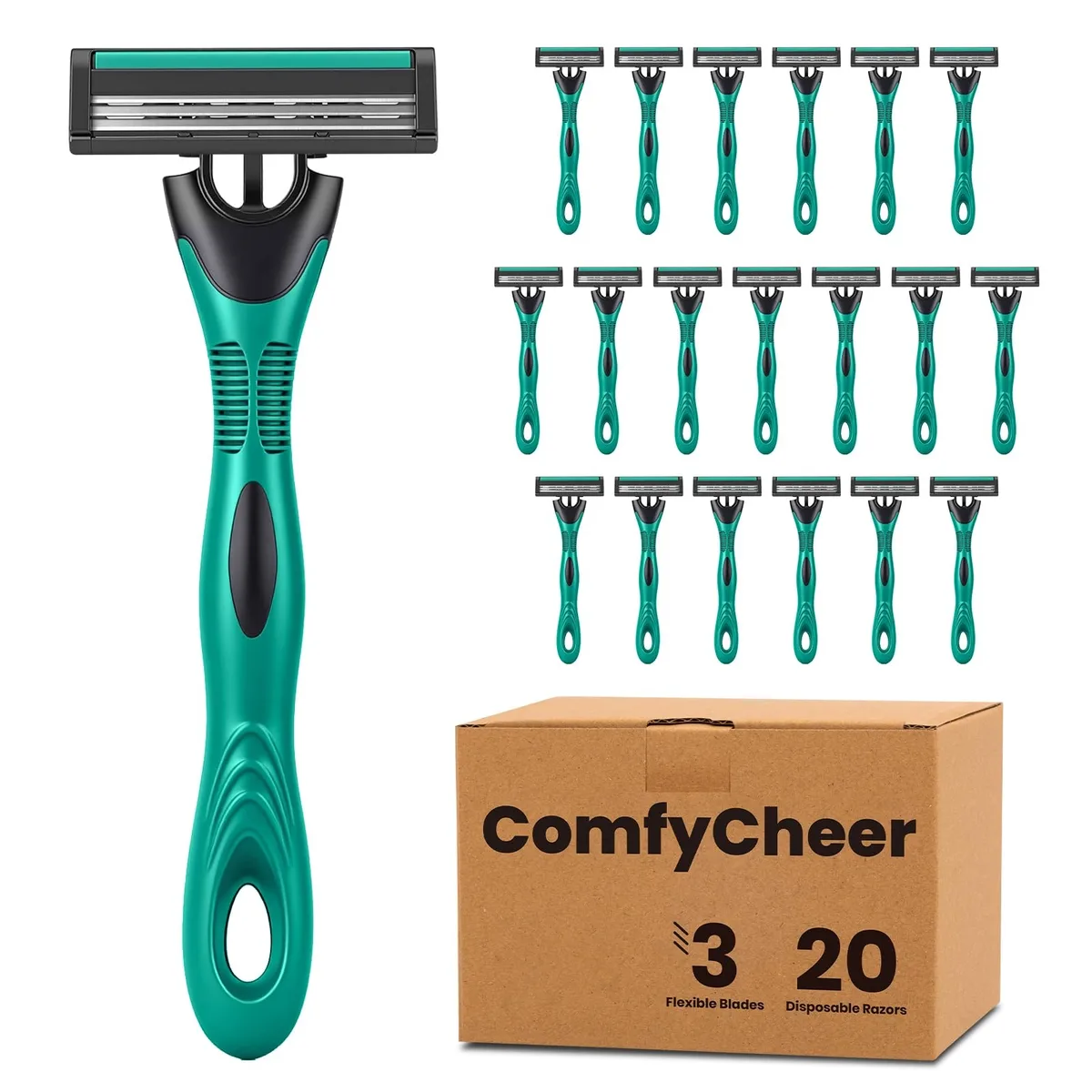 Pack of twenty green three-blade disposable razors with lubricating strips and rubber grips