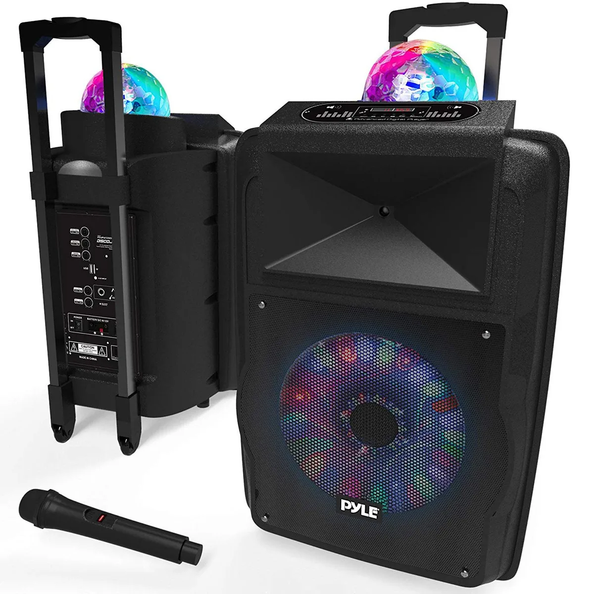 Rectangular black speaker cabinet with LED light panel, retractable handle and wheels, wireless microphone in front
