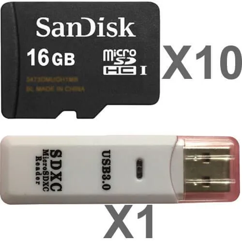 Ten small black microSD cards and a black USB reader