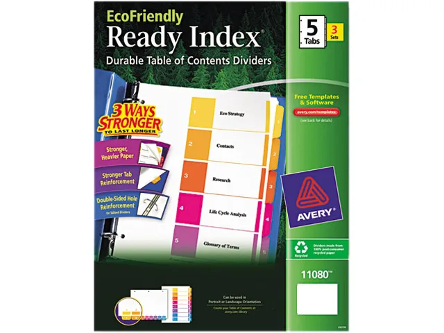 Three packs of five-tab letter-size dividers with reinforced table of contents pages