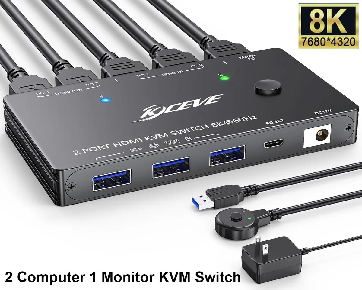 WRIARICH WRIARICH HDMI 2.1 KVM Switch 8K 60Hz 4K 120Hz 2 Port 3 USB 3.0 Wired Remote — product photo