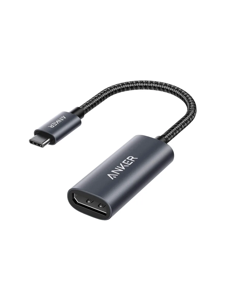 Compact grey USB-C to DisplayPort adapter with short nylon cable
