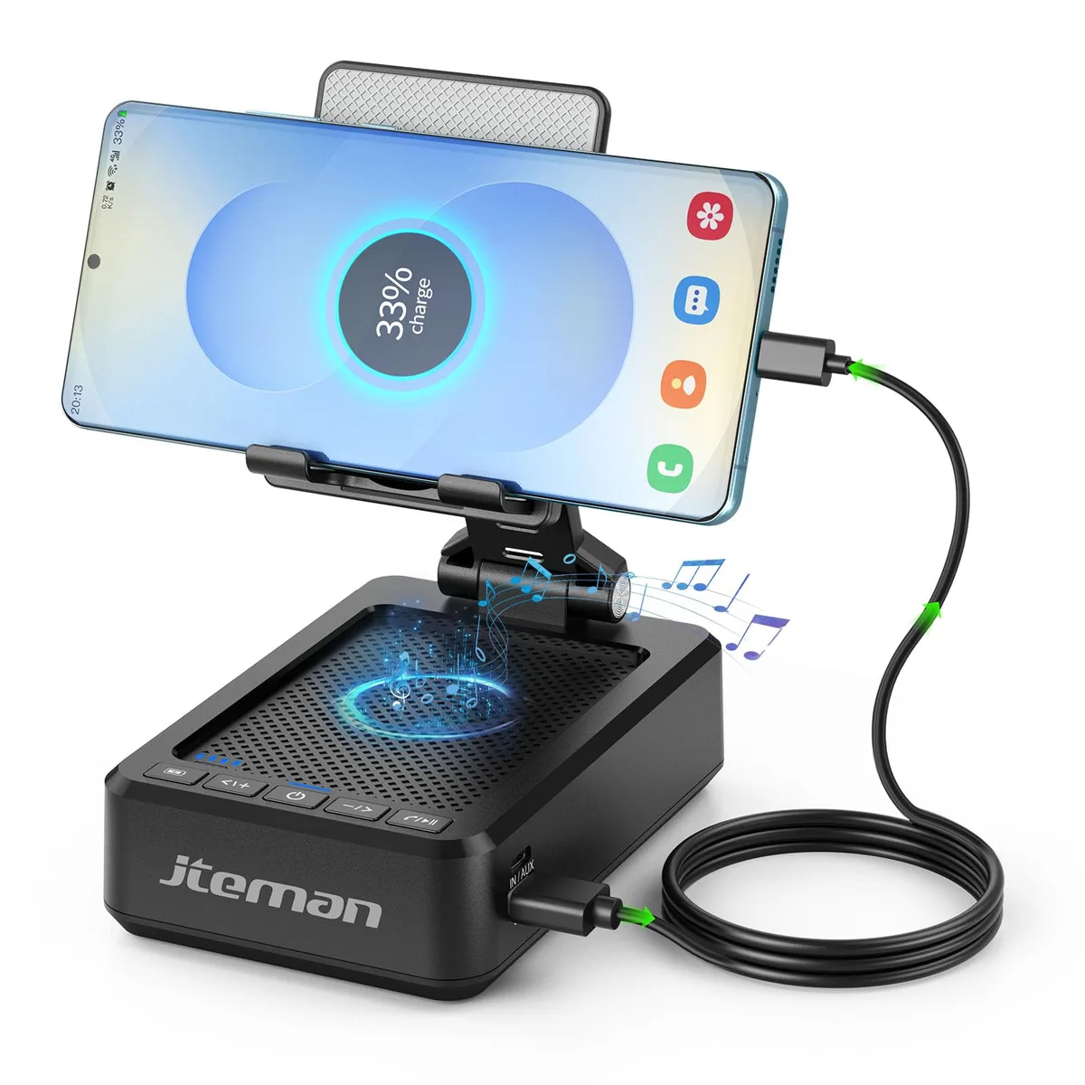 Black foldable phone stand with integrated speaker and power bank