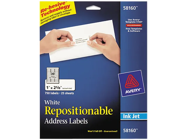 Avery Avery 58160 Repositionable Inkjet Labels, 1 x 2 5/8, White, 750/Pack — product photo