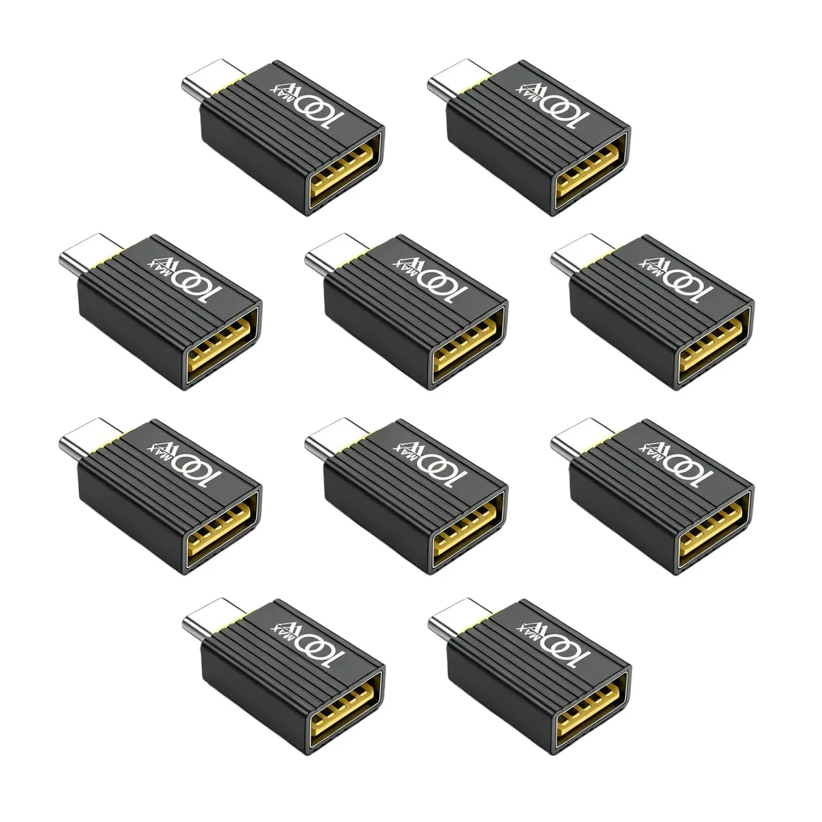 Ten small black USB-C male to USB-A female adapters with aluminium housings