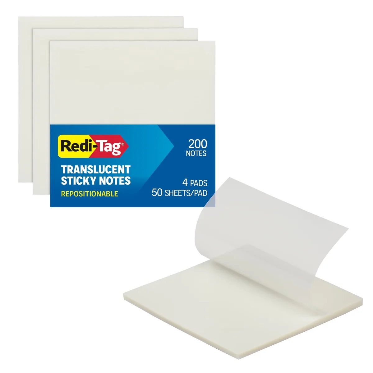 Four square pads of clear sticky notes, 3 by 3 inches, translucent matte finish