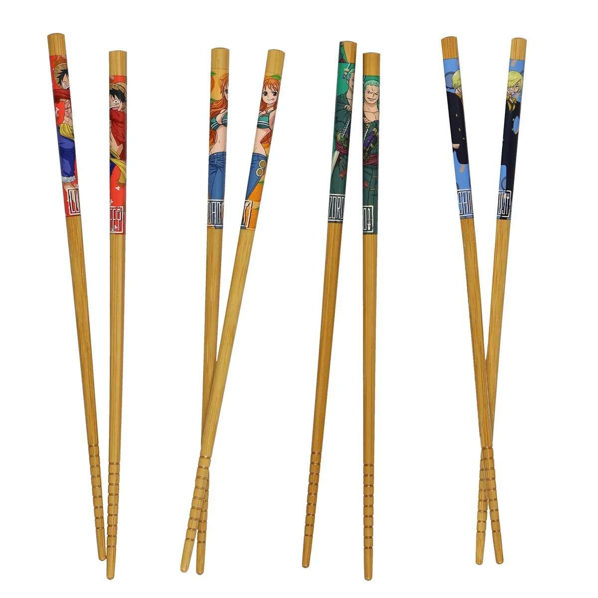 Seven black stainless steel cutlery pieces with bamboo handles in a rectangular box