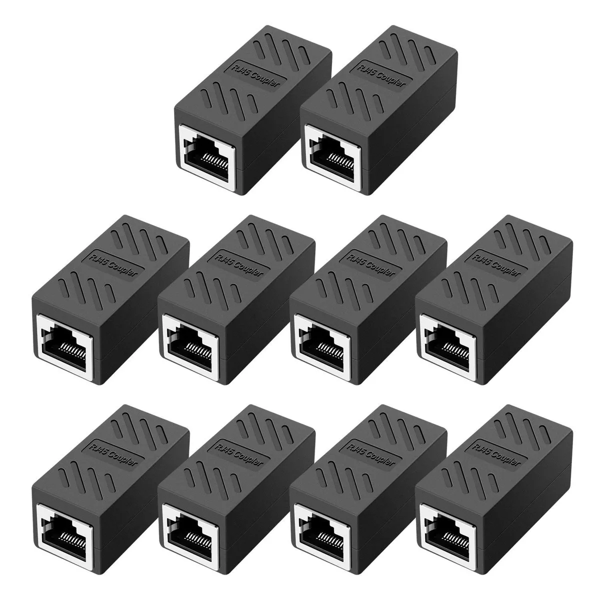 Ten black RJ45 inline couplers, compact rectangular plastic bodies with metal shielding and gold contacts