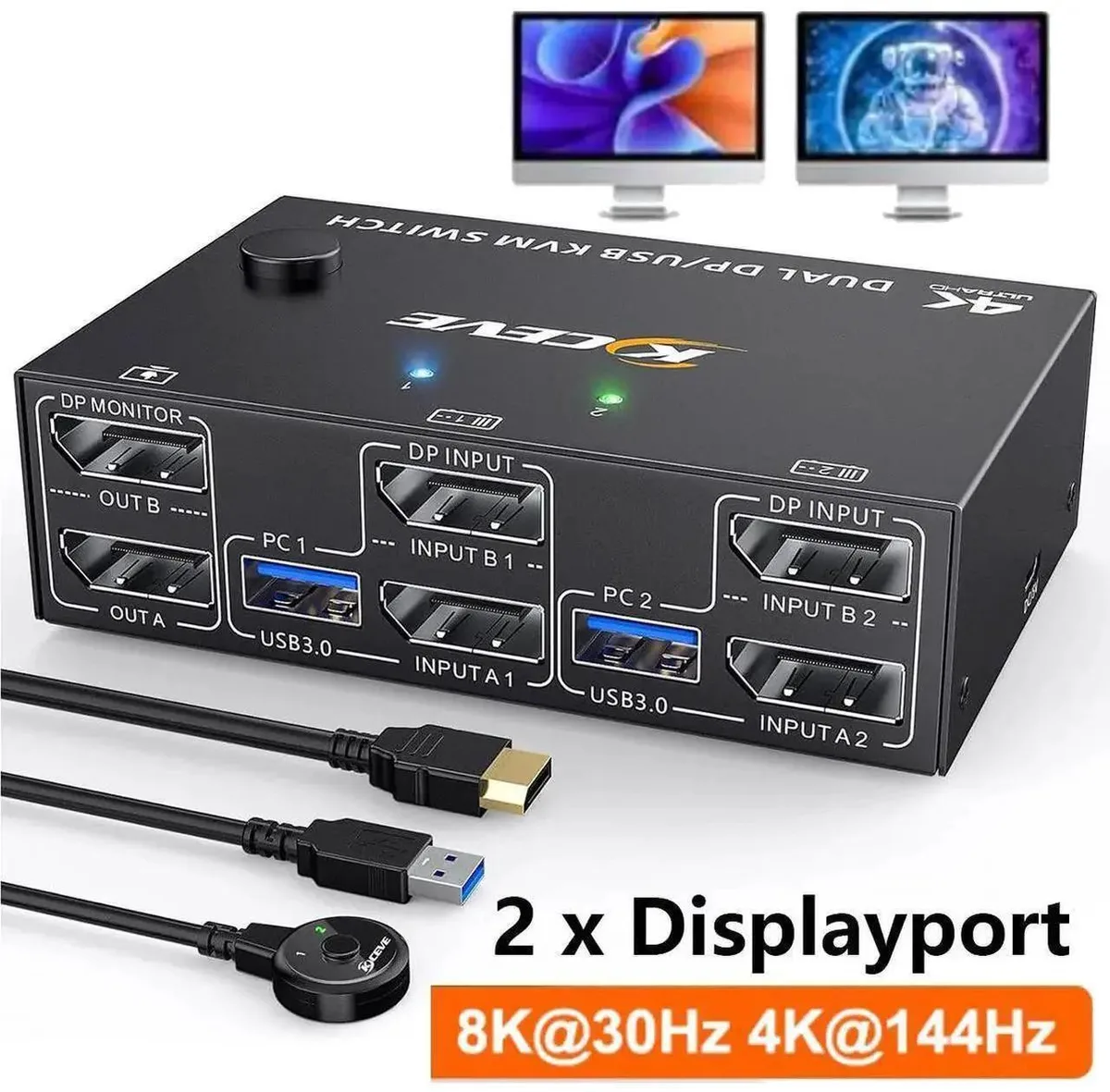 Vszerda Vszerda Dual Monitor DP KVM Switch 2×PC 8K@30Hz 4K@144Hz USB 3.0 4 Ports Wired Remote — product photo