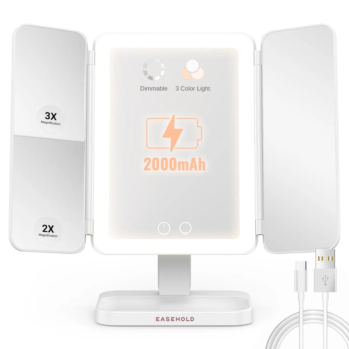 White rectangular trifold mirror with ABS frame, 64 LEDs and USB-C charging