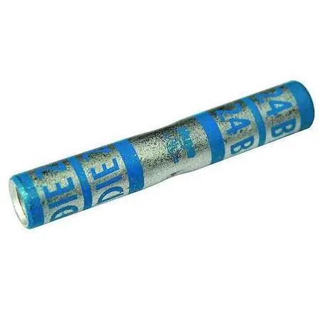 Blue tin-plated copper crimp connector, 1.77 in long, seamless barrel