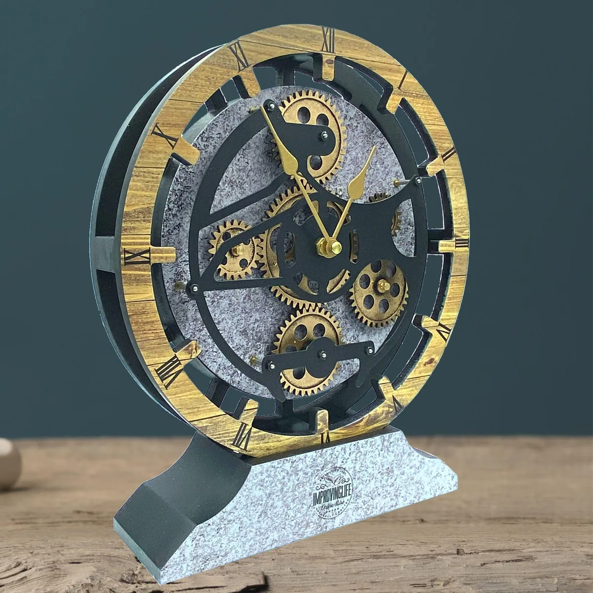 The Gears Clock The Gears Clock CABADA LINE 10 Inch Round Desk Clock Wood &amp; Stone — product photo