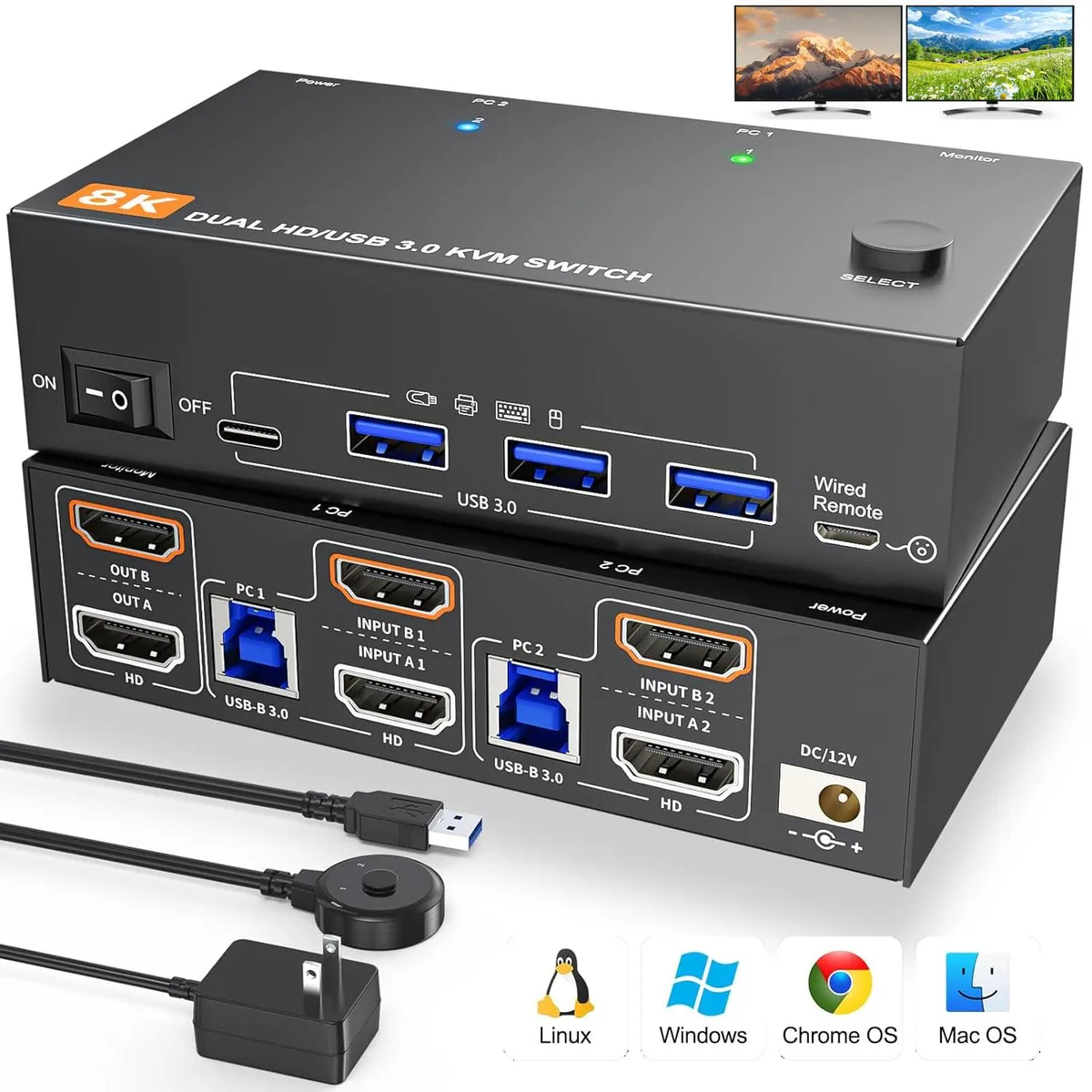 IHDAPP IHDAPP 2 in 2 Out Dual Monitor HDMI KVM Switch 8K@60Hz/4K@120Hz — product photo