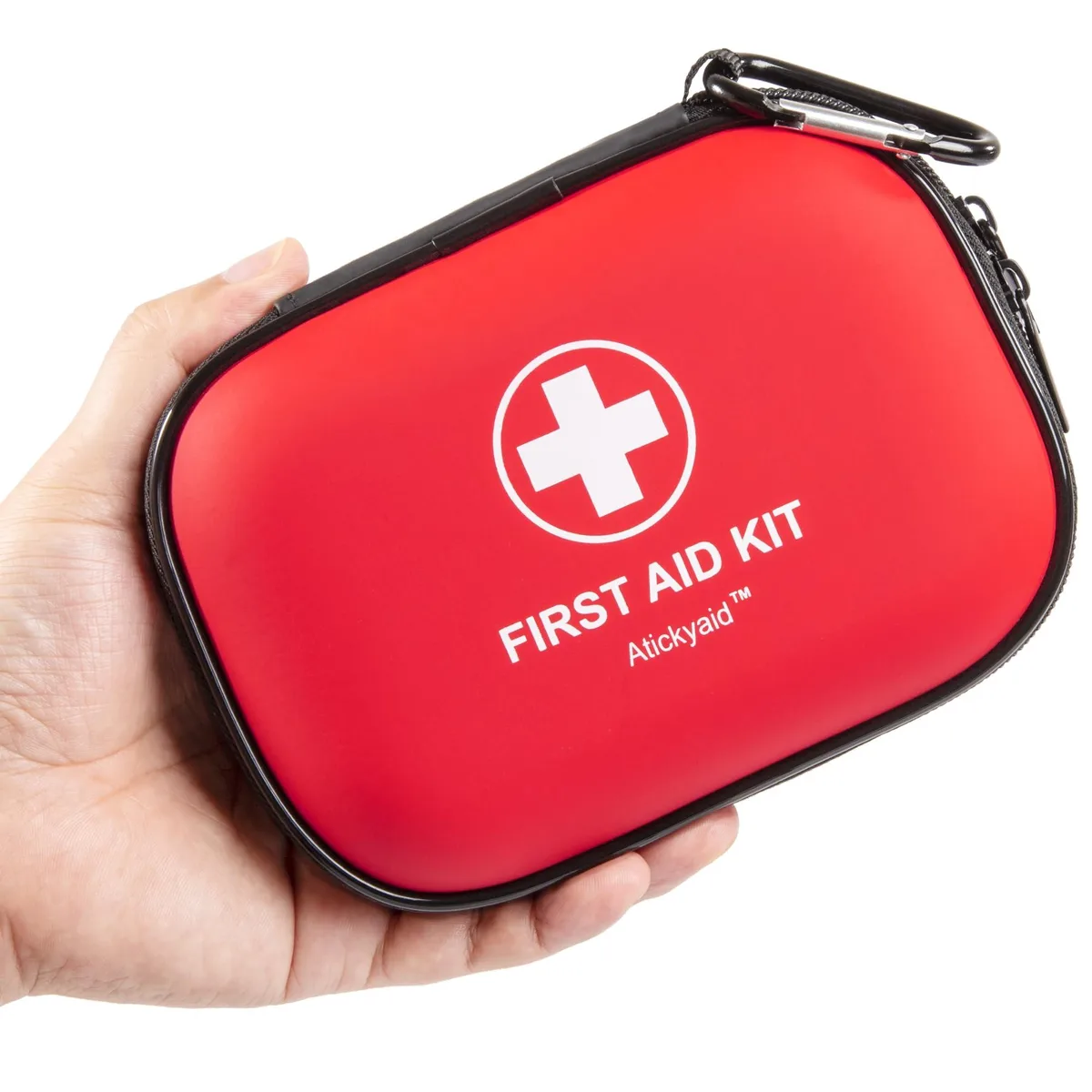 Black rectangular hard-shell first aid case with carabiner clip