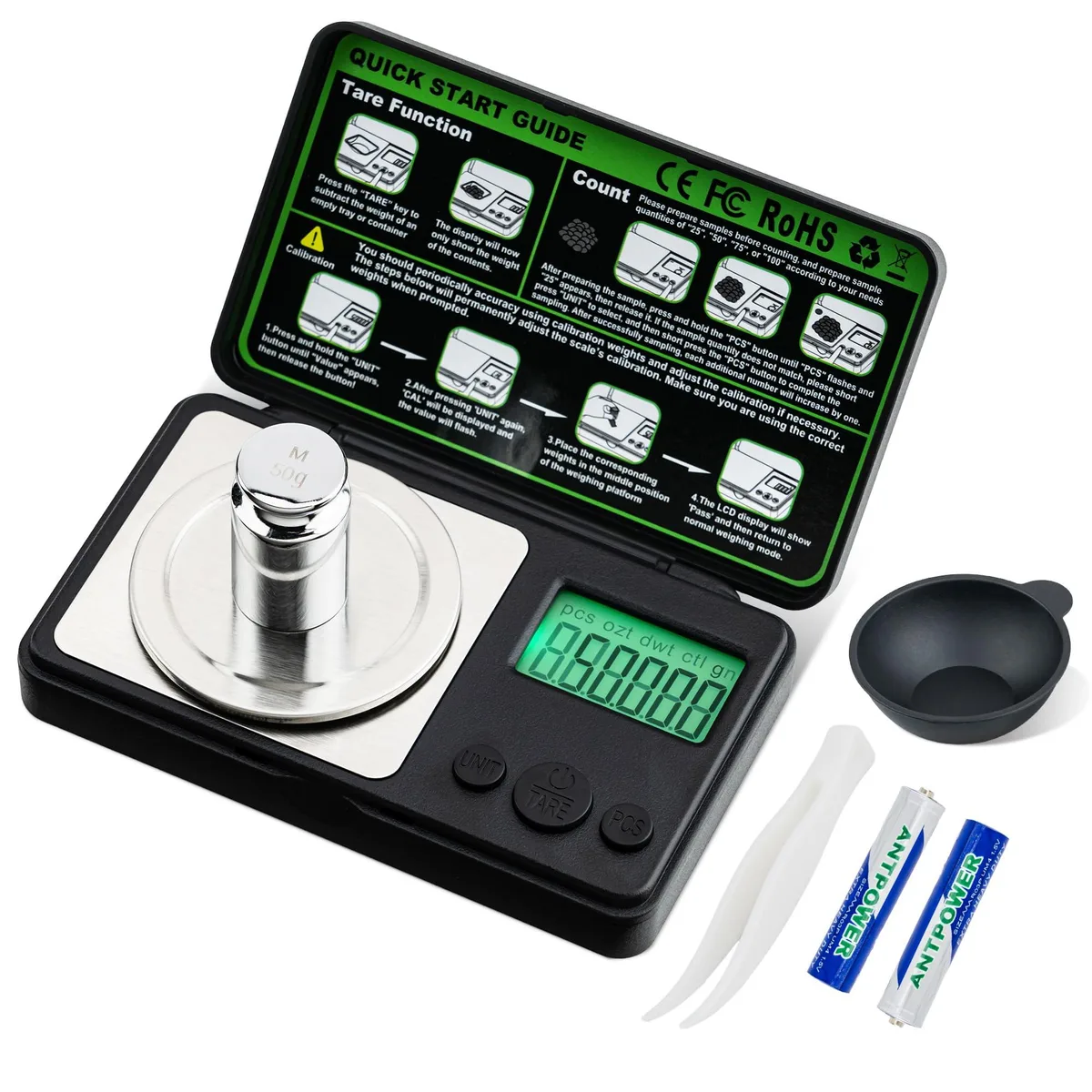 Black compact digital scale with stainless steel pan and LCD display, 50g capacity 0.001g readability