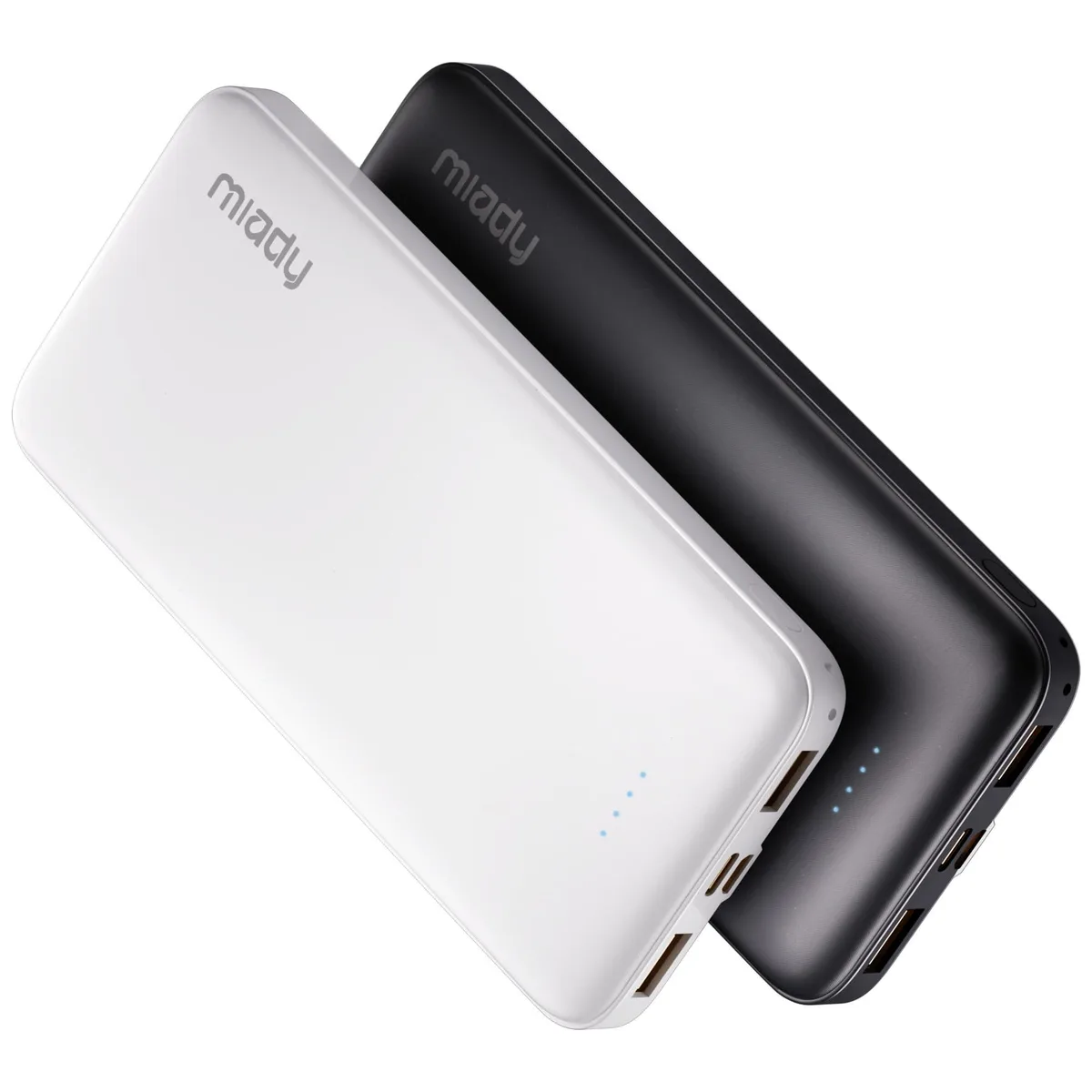 Two slim rectangular power banks, one black and one white, lying side by side