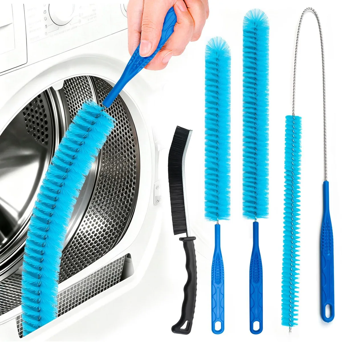 Set of flexible cleaning brushes including long vent brush, lint brush, drain brush and appliance brush