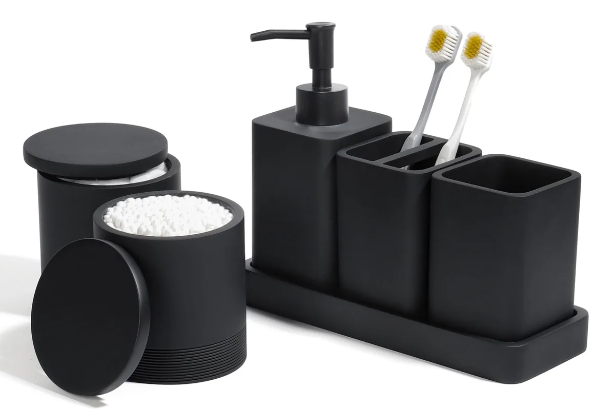 Six-piece resin bathroom set in polished chrome finish