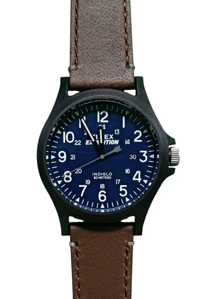 Black case with brown resin strap, blue dial, Arabic numerals, 40 mm