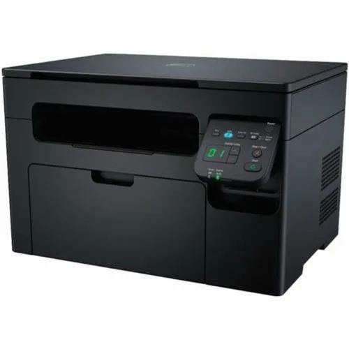 White rectangular desktop laser printer with flat scanner lid