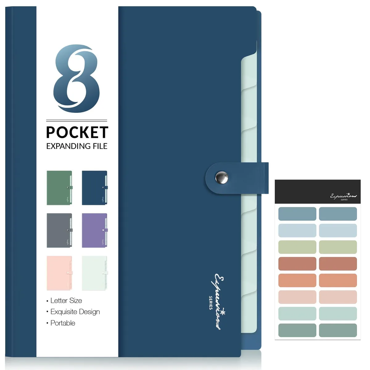 Blue plastic accordion file folder with eight expanding pockets and snap closure