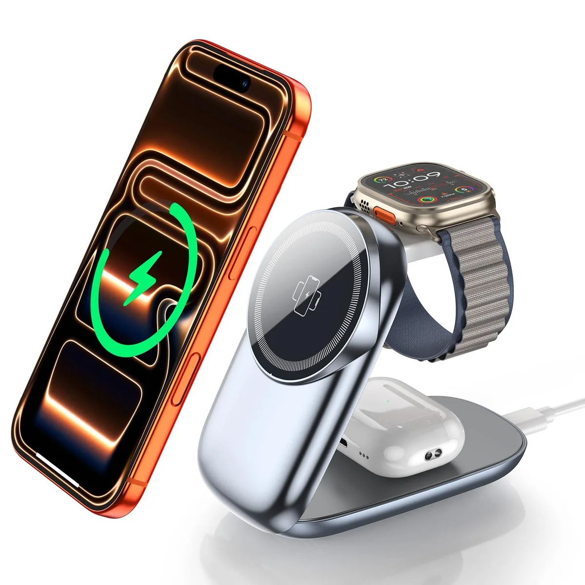 Gray foldable 3-in-1 wireless charger for iPhone, Apple Watch and AirPods, magnetic alignment, 180-degree hinge