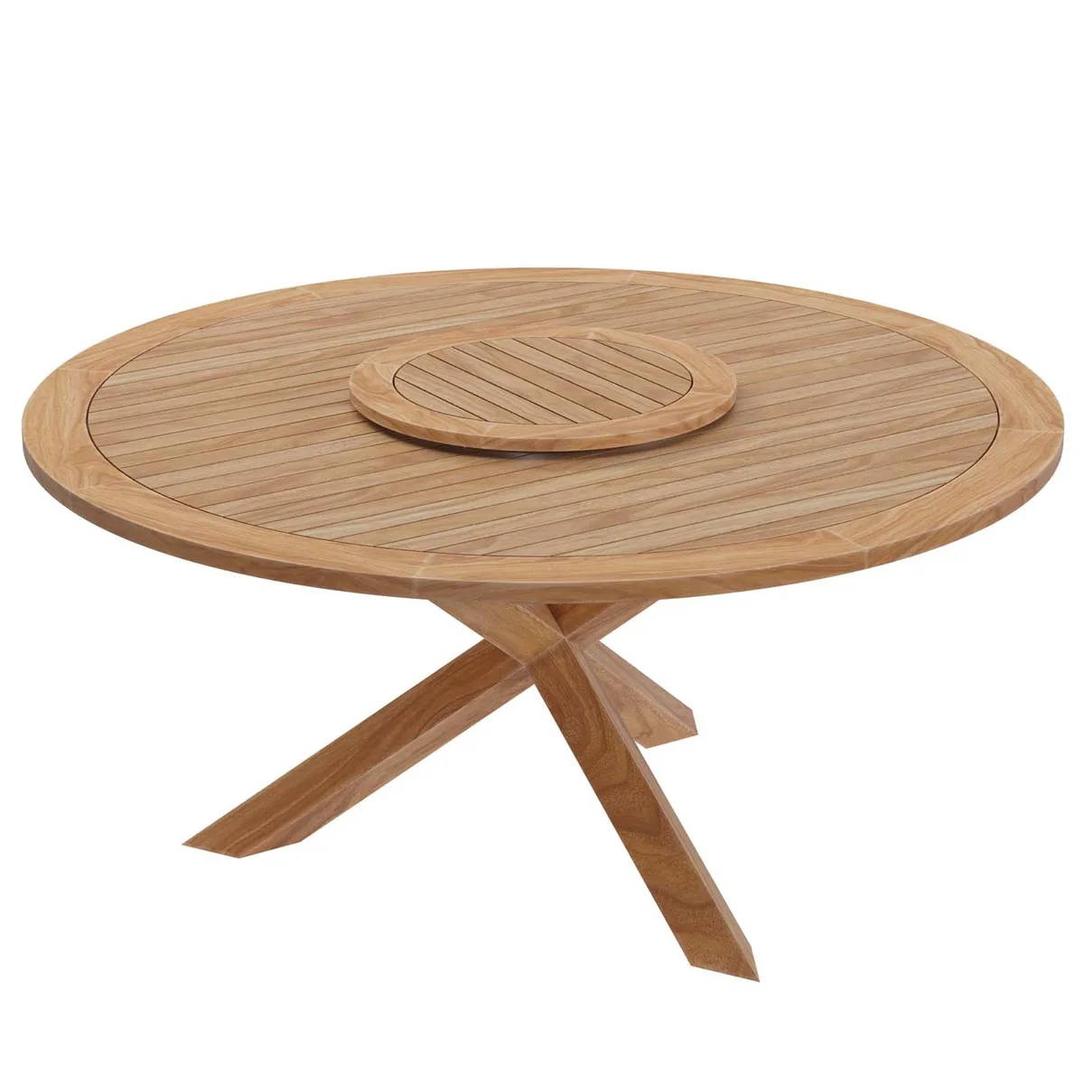 Round teak dining table with trestle base and lazy Susan