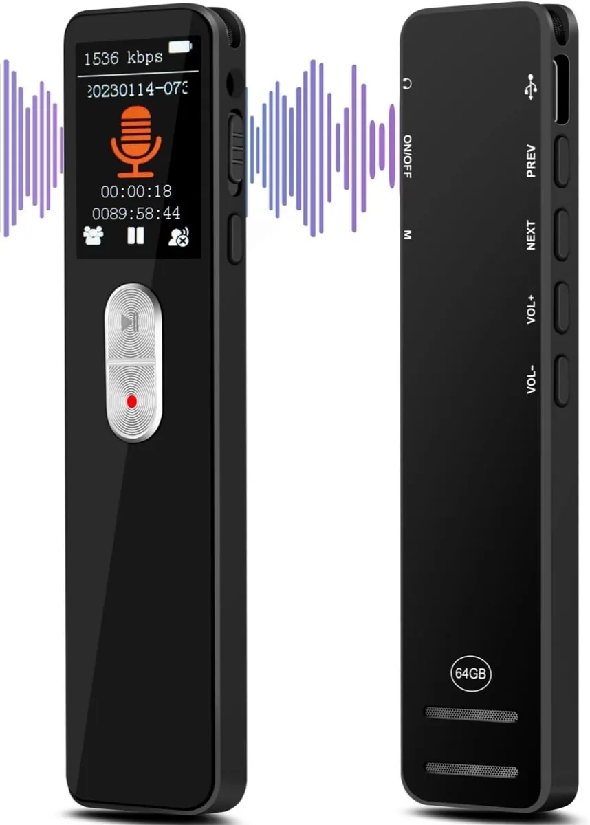 Small black rectangular voice recorder with front display and side controls