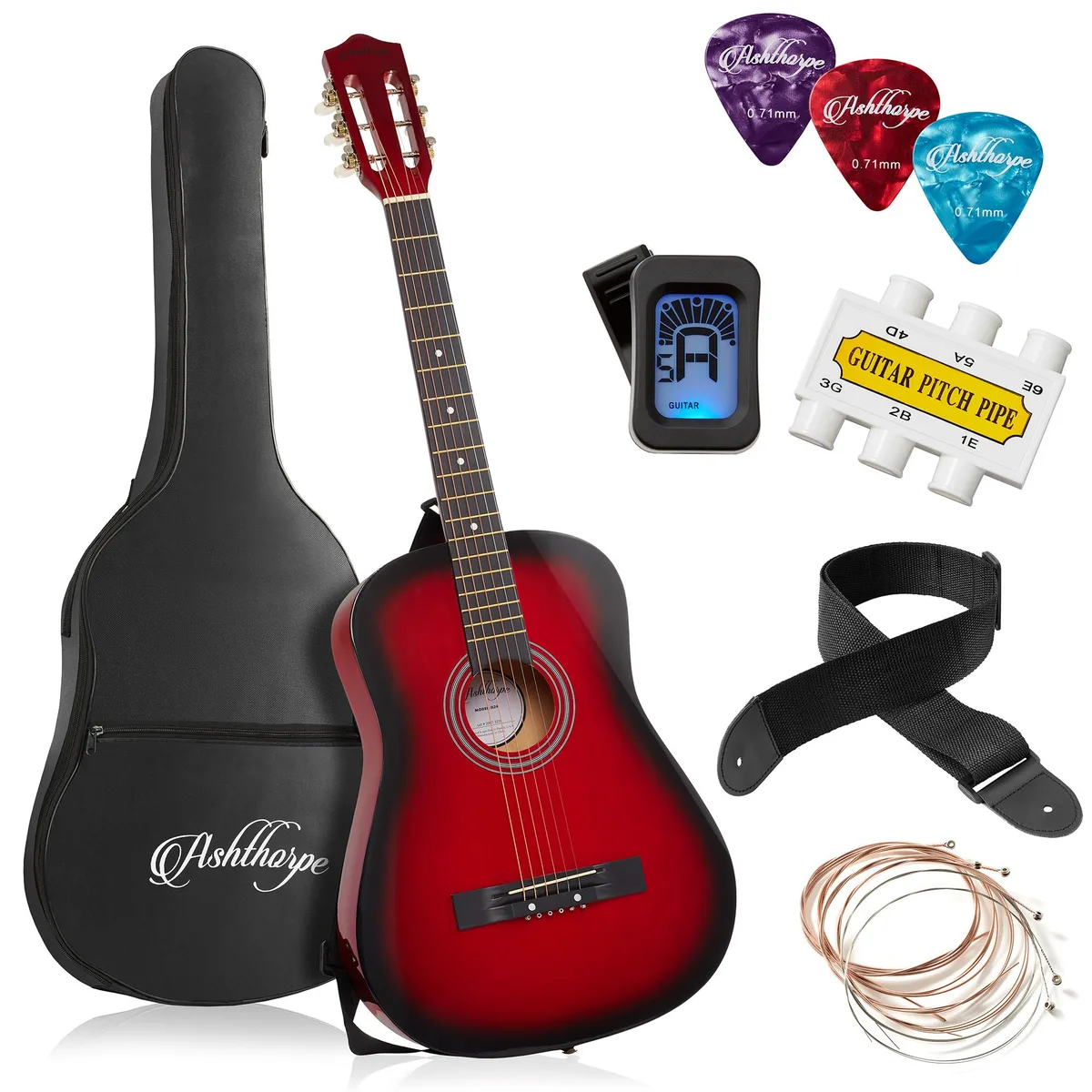 Ashthorpe Ashthorpe 38-inch Beginner Acoustic Guitar Red Starter Kit — product photo