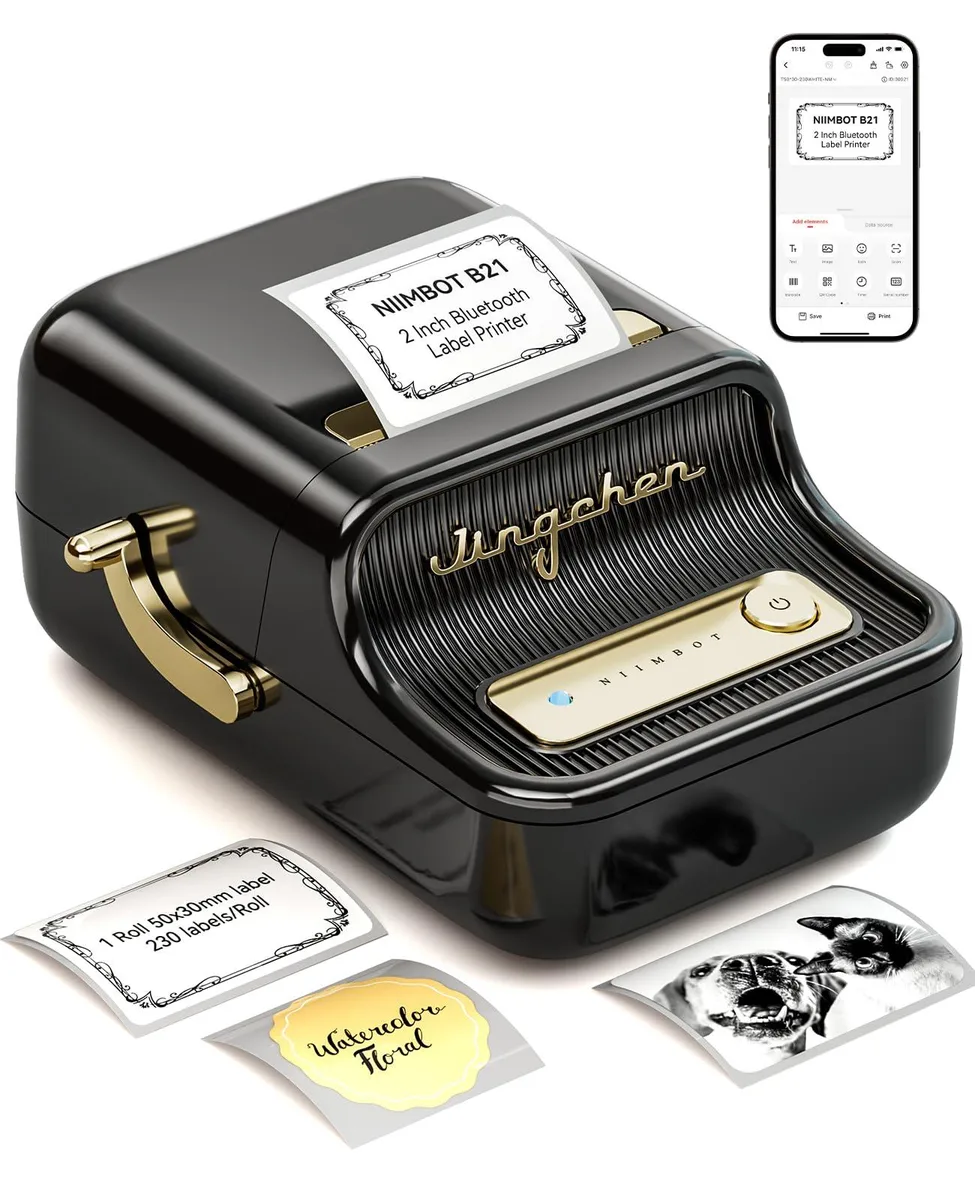 Compact black thermal label printer with Bluetooth, 5 by 6 by 13 cm