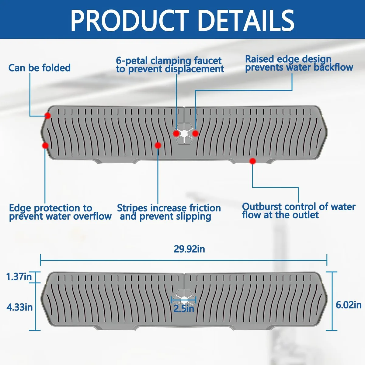 Long rectangular grey silicone mat with raised edge and drainage channels