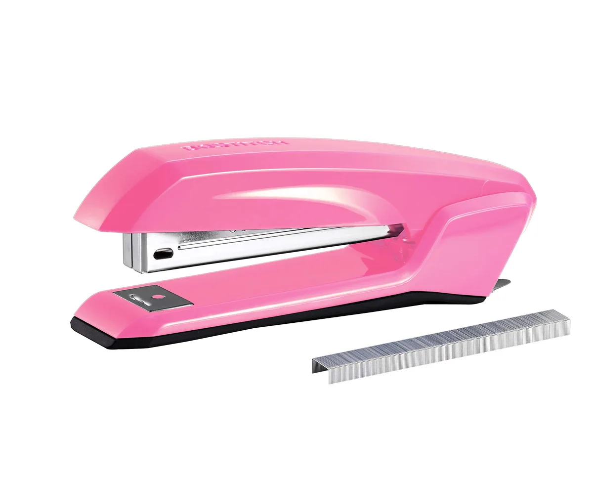 Pink plastic stapler with integrated remover and staple storage, lightweight compact design